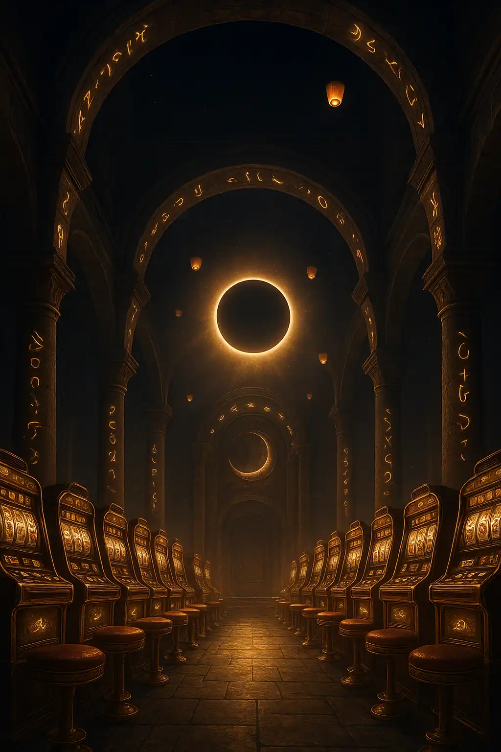 Mystical lunar temple with golden slot machines and floating lanterns